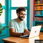 Home 17 지식 공유 전문가 인터뷰 및 팁 - A cozy, modern home office setup with a young Spanish-speaking content creator sitting at a desk, sm...