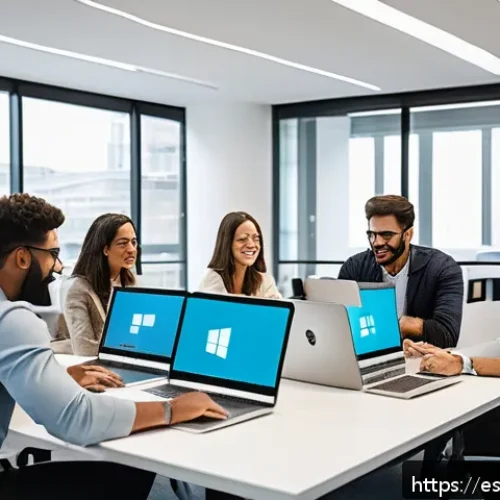 Home 28 효율적인 지식 공유를 위한 팀워크 구축 방법 - A modern, diverse office team collaborating energetically around a large table filled with laptops, ...
