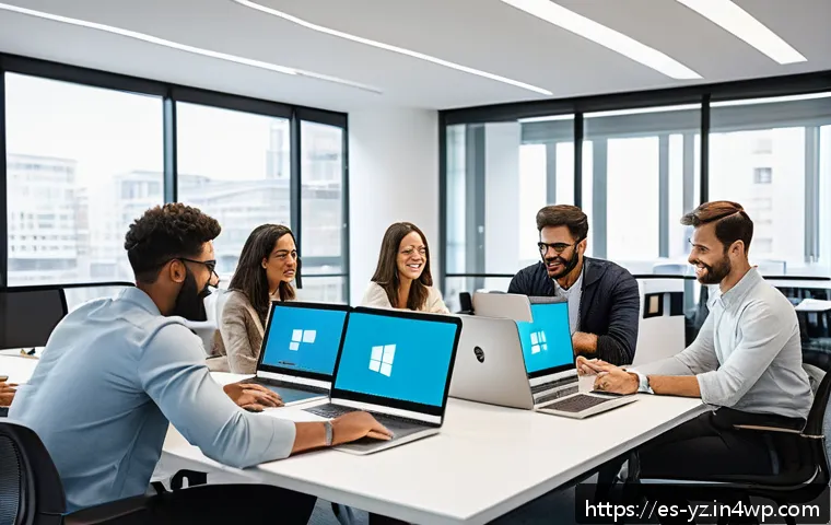 효율적인 지식 공유를 위한 팀워크 구축 방법 - A modern, diverse office team collaborating energetically around a large table filled with laptops, ...
