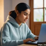 Home 21 지식 공유 플랫폼의 비교 분석 - A focused young adult Hispanic woman studying at home using a laptop with multiple digital learning ...